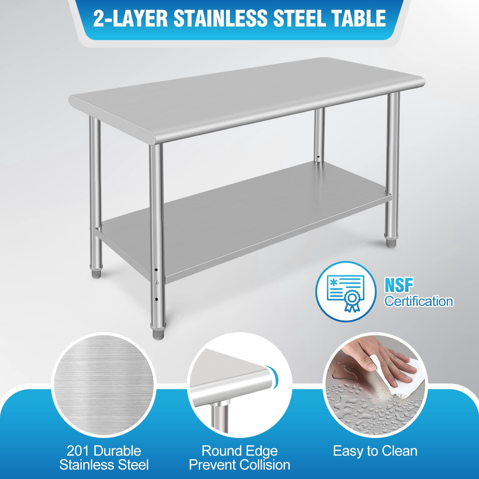 EastVita Stainless Steel Prep Table 60 x 24 Inch NSF Heavy Duty Commercial Kitchen Table with Undershelf Outdoor Cooking Table Dining Room Garage Laundry Room