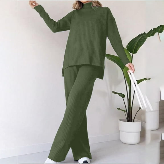 TrendVibe365 Ribbed Lounge Sets for Women 2 Piece Winter High Collar Loose Casual Two Piece Solid Color Knitted Set Long Sleeve Round Neck Top Set Green L