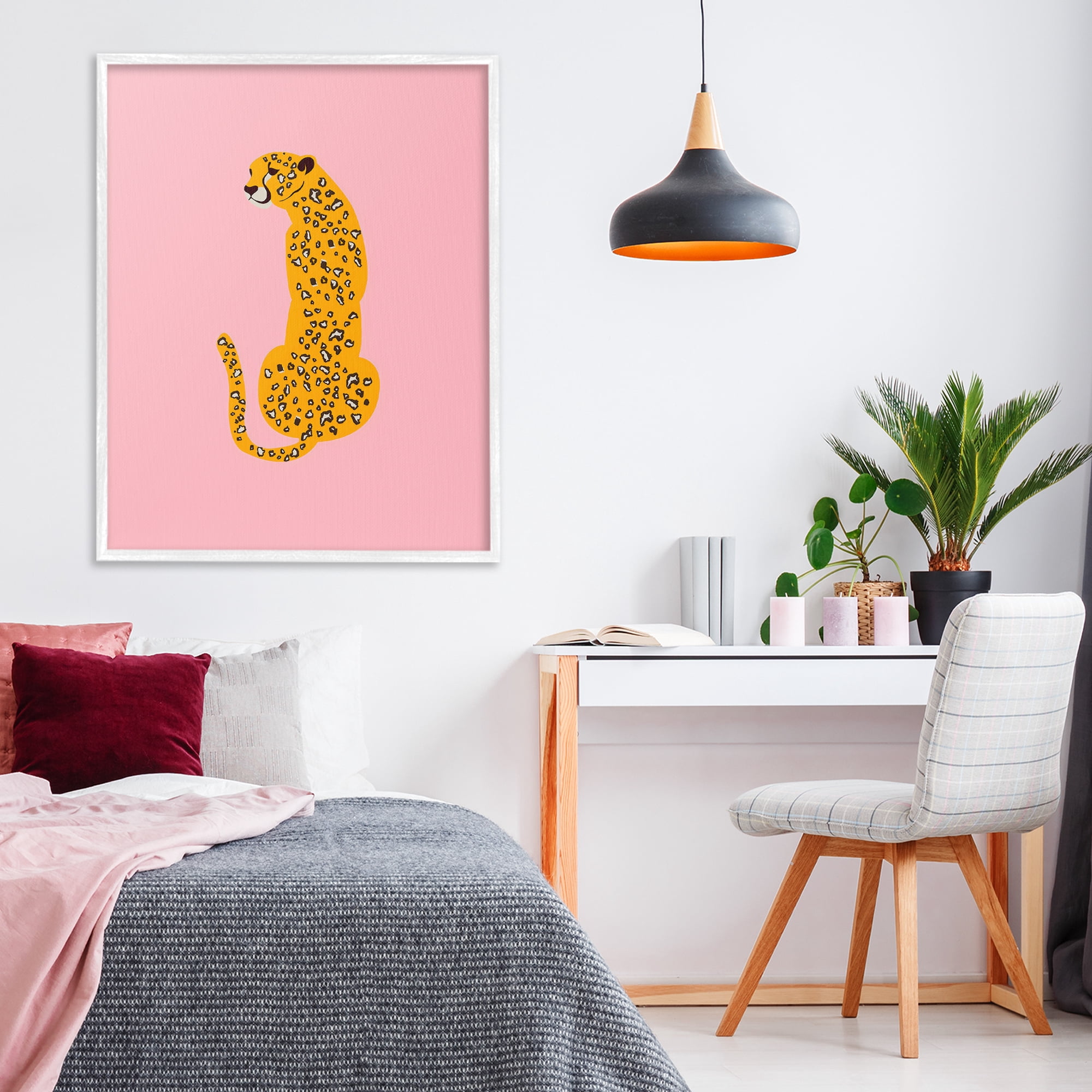 Stupell Industries Yellow Jaguar on Pink White Framed Giclee Art, design by Creative Studio