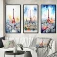 thumbnail image 1 of Designart "Vibrant Watercolor Paris Skyline with Eiffel Tower IV" City Paris Framed Wall Art Set Of 3 - Pink Paris Frame Canvas Set For Living Room Decor, 1 of 6