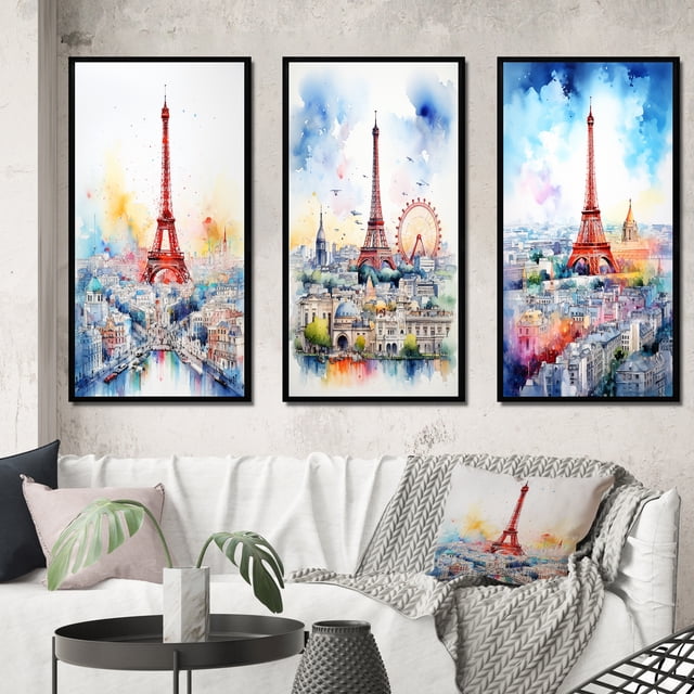 Designart "Vibrant Watercolor Paris Skyline with Eiffel Tower IV" City Paris Framed Wall Art Set Of 3 - Pink Paris Frame Canvas Set For Living Room Decor