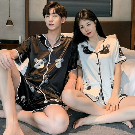 

PIKADINGNIS Silk Pajamas Young Lover Pajamas Fake Silk Women Short-sleeve Summer Pyjama Loose Home Couple Pijama Set Soft Men Sleepwear Top