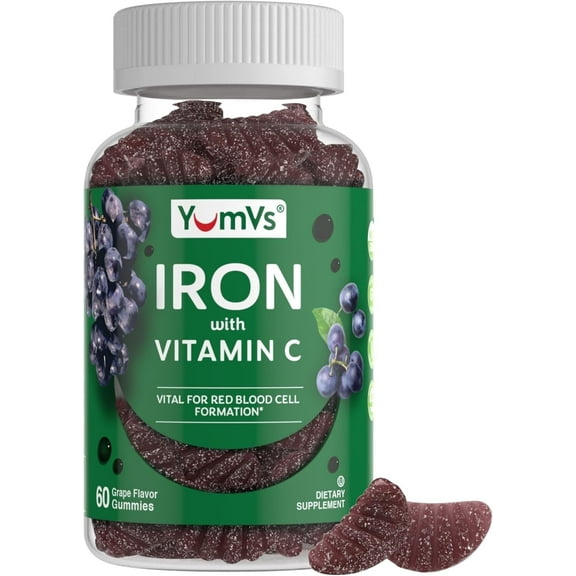 YUM-V’s 10 mg Gummy Vitamins, Grape Flavor Blood Builder Iron Supplement for Women and Men, 60 Count