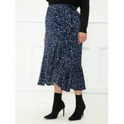 ELOQUII Elements Women's Plus Size Leopard Print Satin Ruffle Midi Skirt