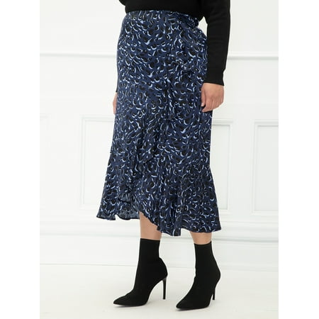 ELOQUII Elements Women's Plus Size Leopard Print Satin Ruffle Midi Skirt