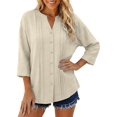 thumbnail image 2 of 3/4 Length Sleeve Womens Tops Cotton Linen V Neck Button Up Pleated Relaxed Fit Dressy Casual Office Work T Shirts, 2 of 4