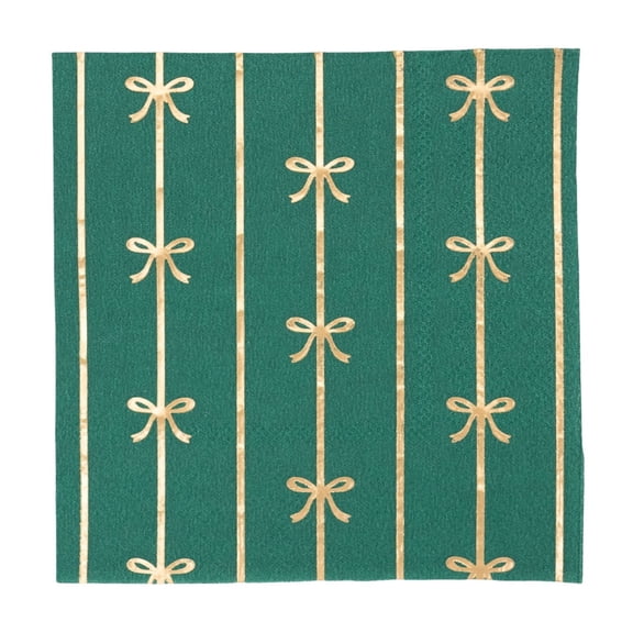 Bonjour Fête Gold and Green Bow Cocktail Paper Napkins, Disposable Party Supplies, 20 Count, Small, Beverage Size, Birthday Party, St. Patricks Day