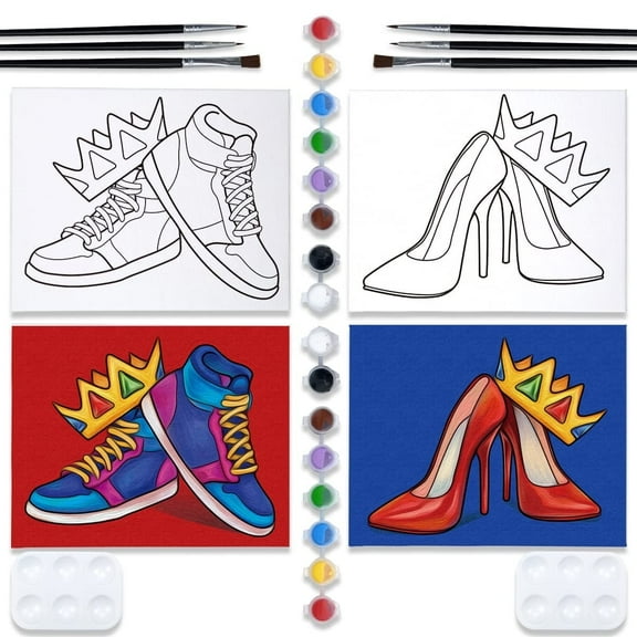 VOCHIC Couples Paint Party Kits Pre Drawn Canvas for Adults for Paint and Sip Date Night Games for Couples Painting kit 8x10 Crown High Heel Sneakers（2pack）