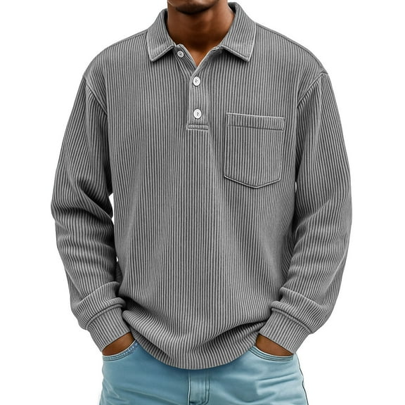 Domuza Men's Corduroy Polo Shirts Vintage Textured Long Sleeve Button Up T Shirt with Pocket Fall Lightweight Relaxed Fit Collared Blouse Dark Gray 2XL