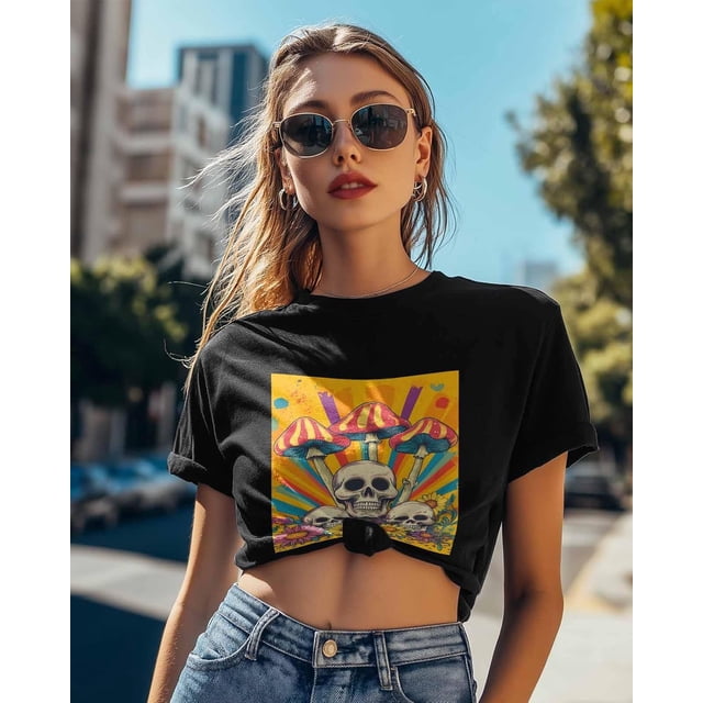 Camisetas para mujer, camiseta de calavera, hongo y flor, de manga corta, holgadas, con cuello redondo, para adolescentes.