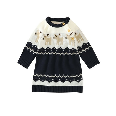 

Frontwalk Baby Cute Elk Print Party Dress Knitted Ribbed Knit Knitwear Long Sleeve Festival Dresses Blue 100cm