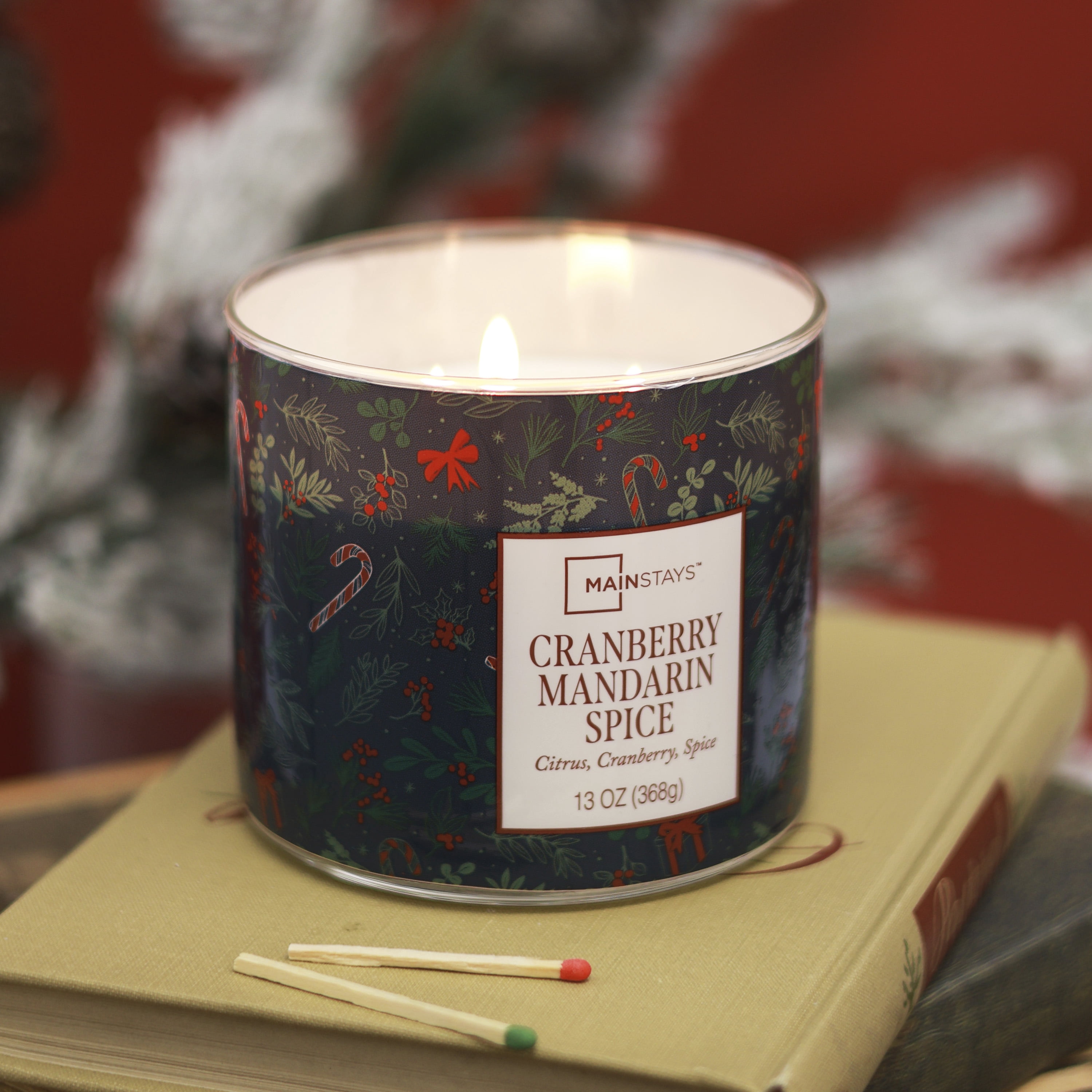 Mainstays 3-Wick Cranberry Mandarin Scented Holiday Candle, Blue Garland, 13oz.