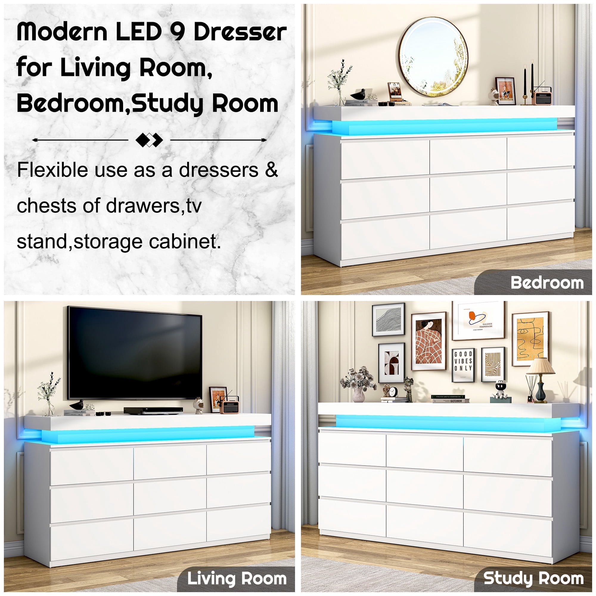 ChVans White 9 Drawer Dresser with LED Lights, 63" Wide Modern Wood Chest of Drawers with Charging Station & Handle Free, LED White Dresser for bedroom, Living Room, Entryway, Hallway