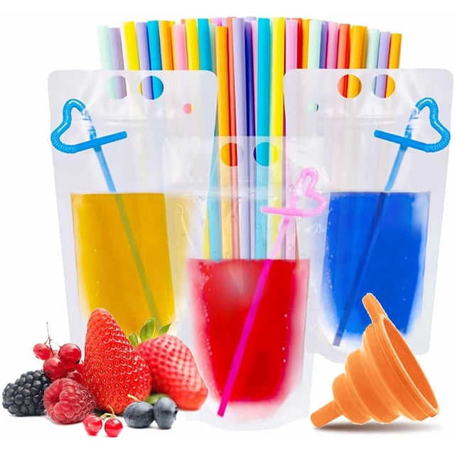 100 Bolsas de Bebidas con 100 Popote - 500ml Bolsas Frias Contenedor de Bebidas de Hielo Bolsas Reutilizables para Bebidas Transparentes para Bebidas Frias y Calientes, SN-YLD-100