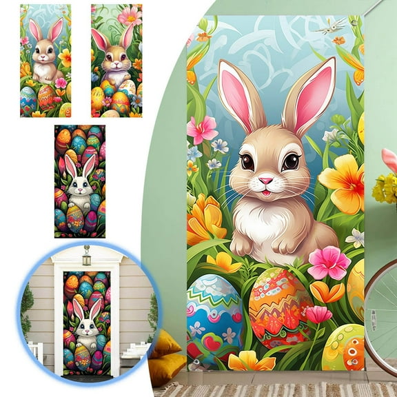 OAUP 90x200cm Happy Easter Door Cover Easter Bunny Door Cover Egg Easter Door Banner Party Accessory Hanging Banner Sign Decoration For Happy Easter Party