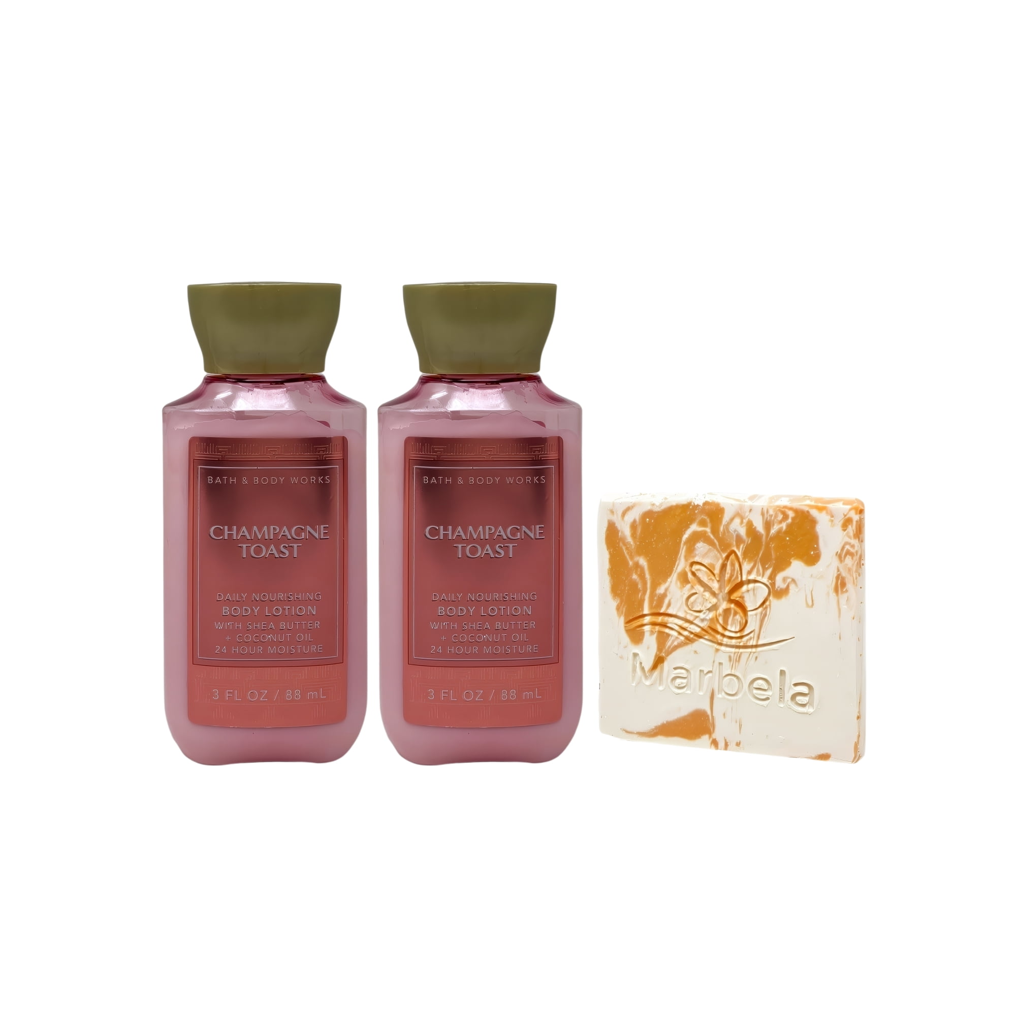 Bath & Body Works Champagne Toast 2 Body lotions Travel Size with a Peach Gardenia Mini Soap