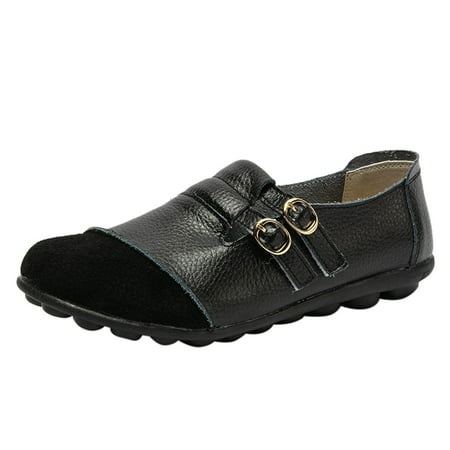 AnuirheiH Women Shoes Comfortable Leather Low-top Buckle Flat Casual Loafers Single Shoes On Sale
