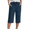 thumbnail image 2 of Women's Cotton Linen Capri Pants, Elastic Drawstring Waist Straight Leg Cropped Pants with Pockets, Casual 3/4 Length Beach Pants for Vacation, Spring, Summer and Daily Wear Navy XL, 2 of 9