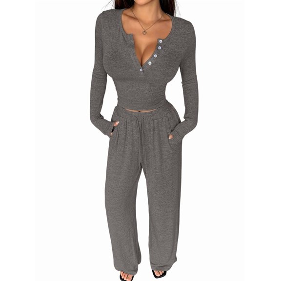 Women'S Fall Two Piece Outfits V-Neck Long Sleeve T Shirt Wide Leg Pants Lounge Sets Casual Tracksuit Dark Gray L