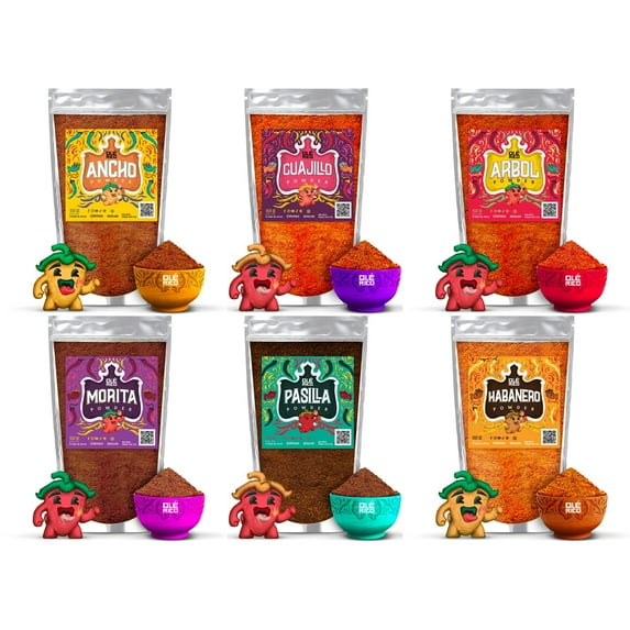 Ole Rico Chile Powder Variety Pack, Ancho, Guajillo, Chile de Arbol, Chipotle Morita, Pasilla, Habanero, 5 oz, Pack of 6