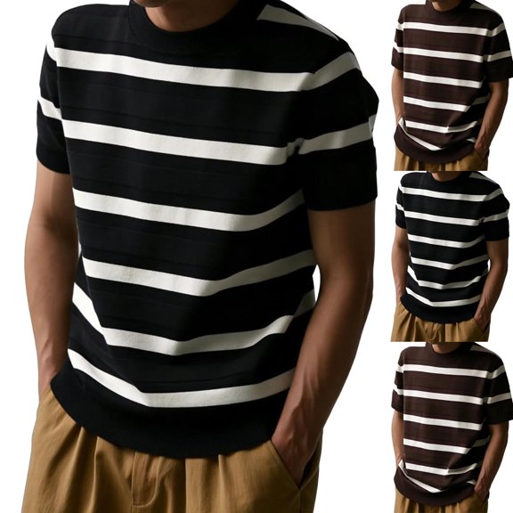 Men's Casual Knitted Stripe Short Sleeve Shirt Tee, Breathable Crewneck Soft Summer T-Shirt Tops, Beach Vacation Holiday Style Travel Outfits Essentials Gifts for Him | JASKFLY,Black L