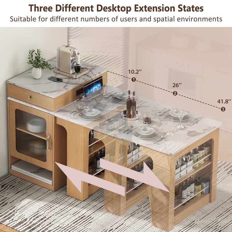 Bellemave 60" Kitchen Island with Extendable Dining Table and Power Outlet, Mobile Kitchen Storage Islands with 2 Storage Drawers, Rolling Islands Cart with Extra Rows Open Shelves（Natural)