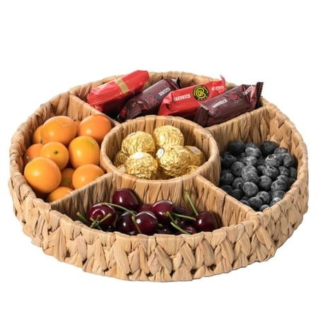

Decorative Woven Water Hyacinth Round Severing Tray 5 Compartment Organizer