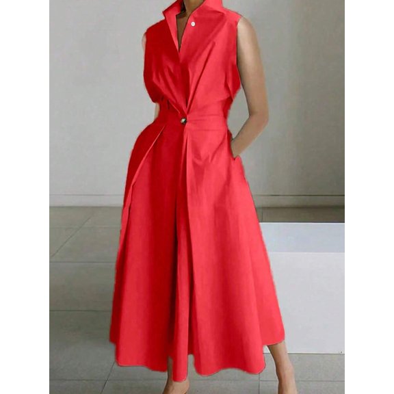 Red Solid Minimalist Stand Collar Sleeveless A-Line Midi Dress For Women