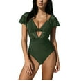 thumbnail image 2 of Gamivast One Piece Swimsuit Women Mesh Ruffle Sleeves Bathing Suit Tummy Control Ruched Swimwear V Neck Swim Suit With Pad Beach Vacation Clothes, 2 of 5