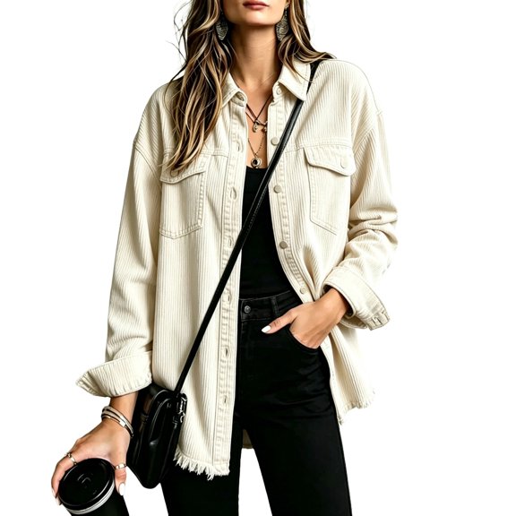 Domzest Womens Corduroy Shirt Jacket Button Down Frayed Hem Lapel Shirt Jackets 2026 Fall Casual Oversized Outerwear with Chest Pocket Beige L