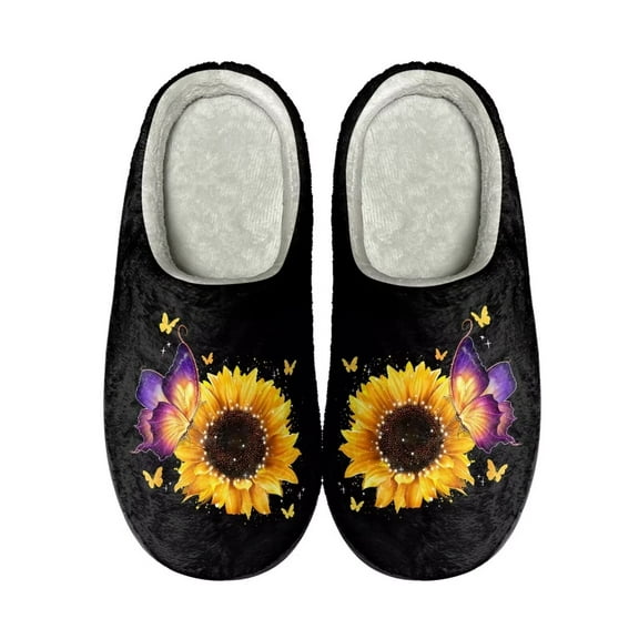 Xoenoiee Warm Slippers with Non-Slip Sole for Women Men Bedroom Shoes Fluffy for Winter Indoor Outdoor Slip-On Cosy House Shoes, Floral Butterfly Sunflower Pattern, 8-8.5 W/6-6.5 M