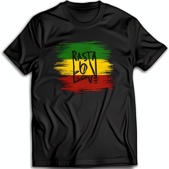 Vintage Black T-Shirt with Rasta Love Design in Green Yellow Red
