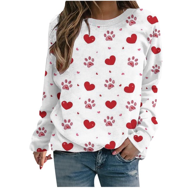 VALMASS Chandails en Molleton de la Saint-Valentin pour Femmes Graphique Manches Longues Col Rond Hauts Mode Décontractée Pull Ample Blouses (m, Blanc-F)