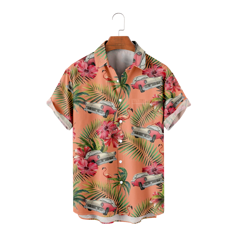Hawaiian Shirt Car Flowers Casual Short Sleeve Button Down Shirts Aloha