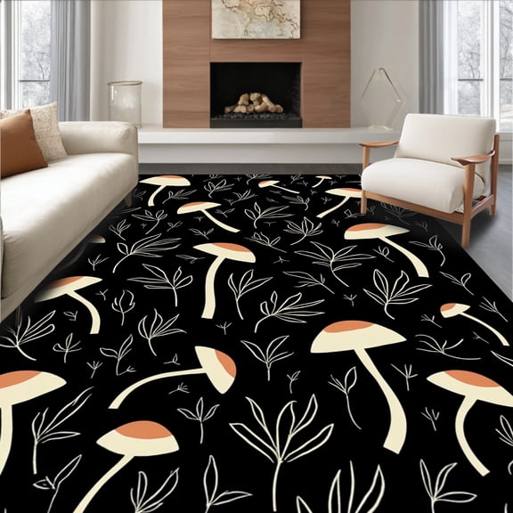 ODIKA 4'x6' Machine Washable Non-Slip Area Rug, Mushroom Motif Pile Foldable Non Slip High Traffic Rug, Black, 293546