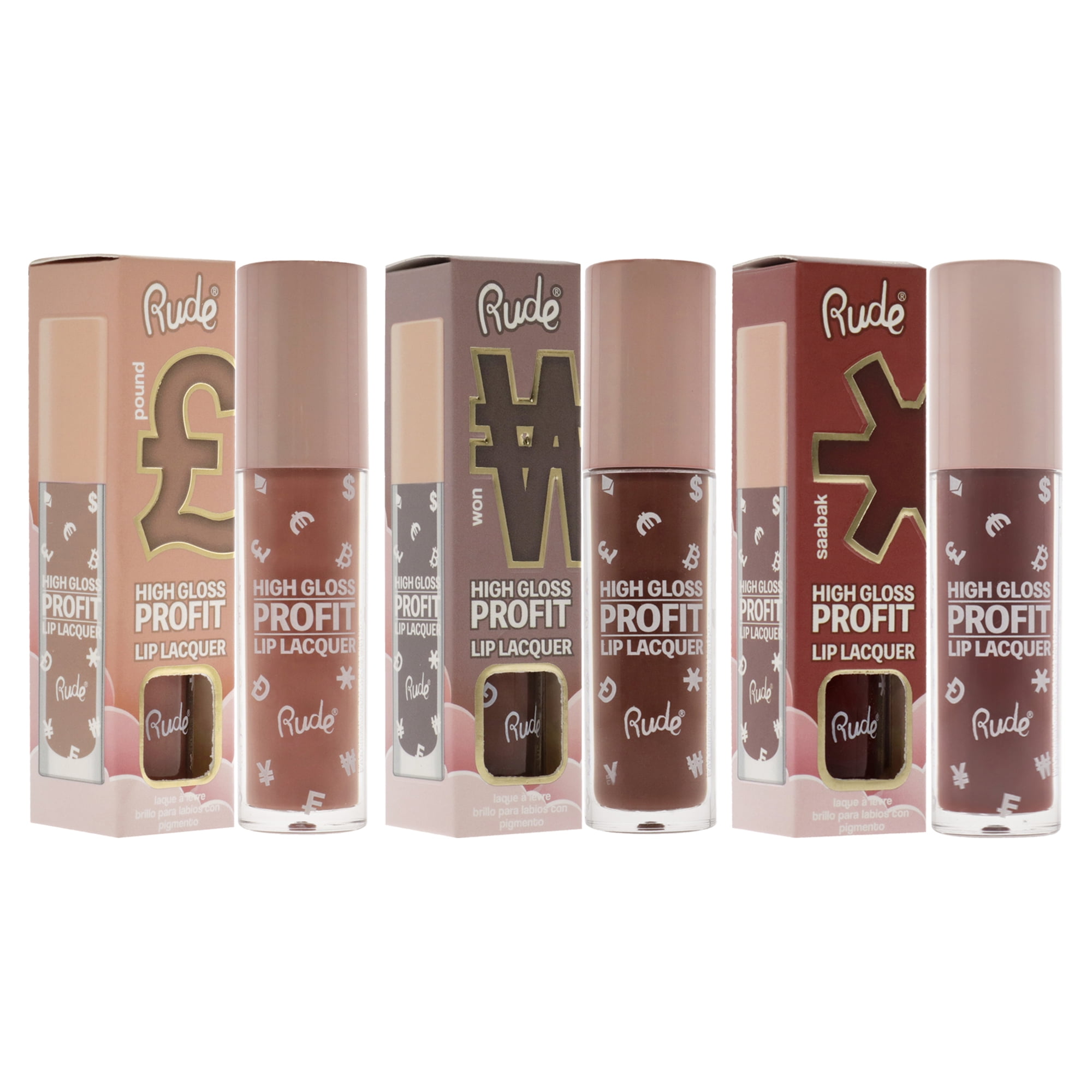 Rude Cosmetics High Gloss Profit Lip Lacquer Kit , 3 Pc Kit 3 X 0.141oz Lip Gloss - Pound, Saabak, Won- Pack of 3