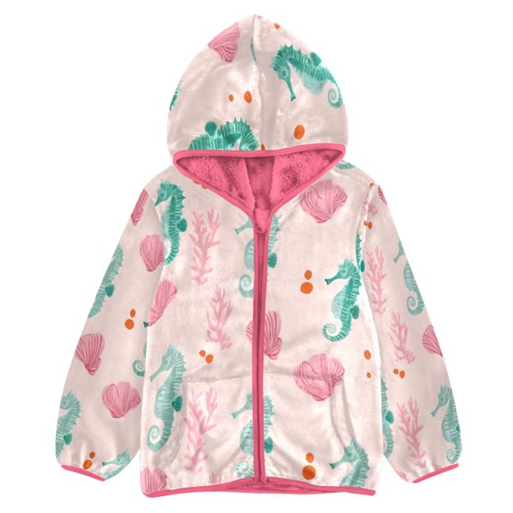 BZSMCE Double-Sided Sherpa Fleece Hooded Zipper Jacket Pink Green Seahorse Pattern Print Warm Outerwear