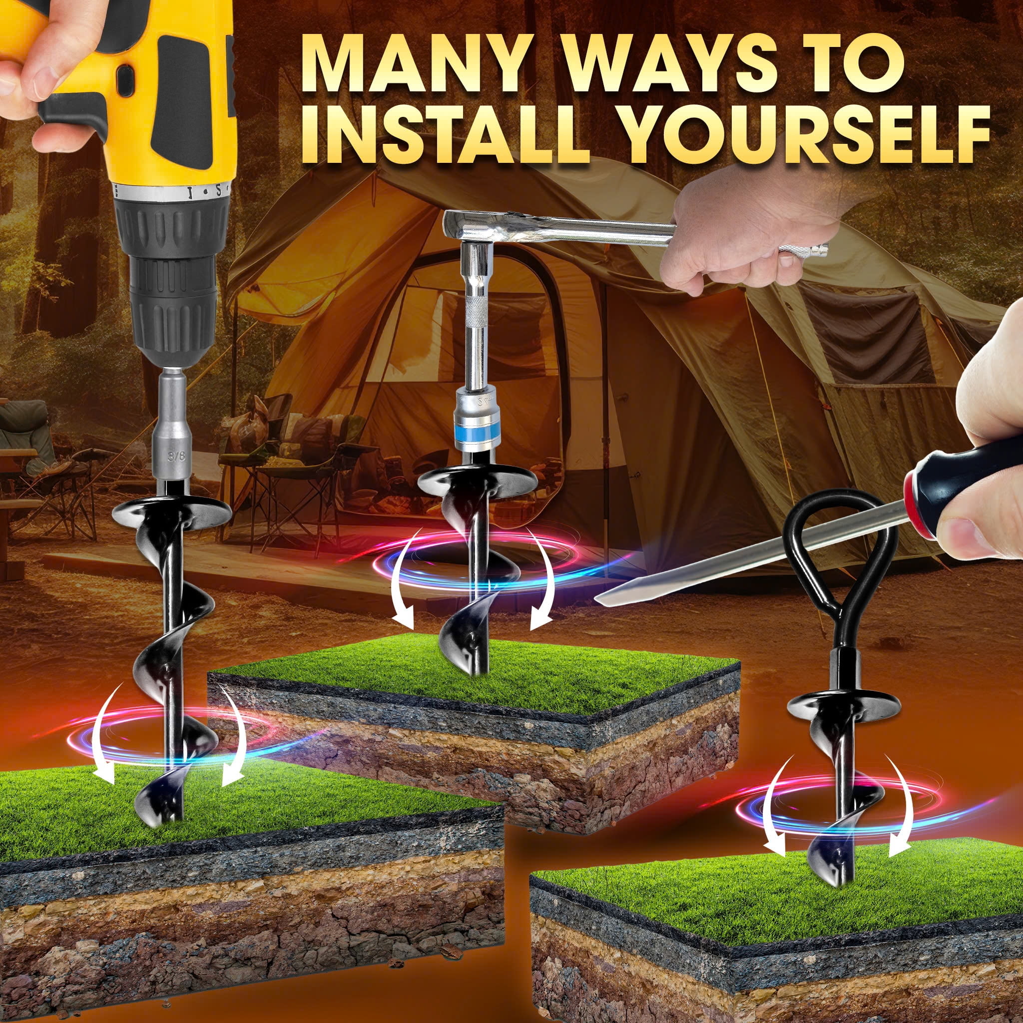Ground Anchor Screw Set (4 Pack) - Heavy Duty Steel Anchors for Securing Tents, Canopies, Sheds, Trampolines & Fencing - Rust Resistant, Easy Installation, Spiral Design for Maximum Stability