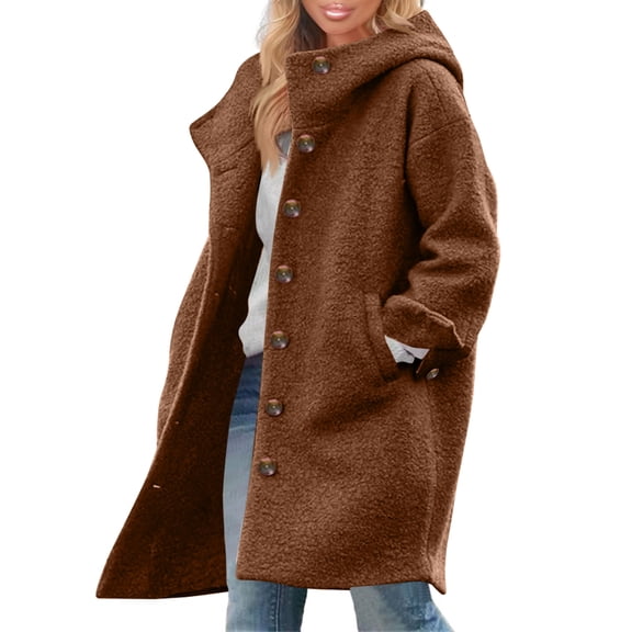 Wutalume Women's Solid Color Jacket Casual Loose Fit Button Coats Button Up Long Sleeve Outerwear with Pocket, Hooded Overcoat, Wool Blend, Ideal for Fall and Winter,Coffee L