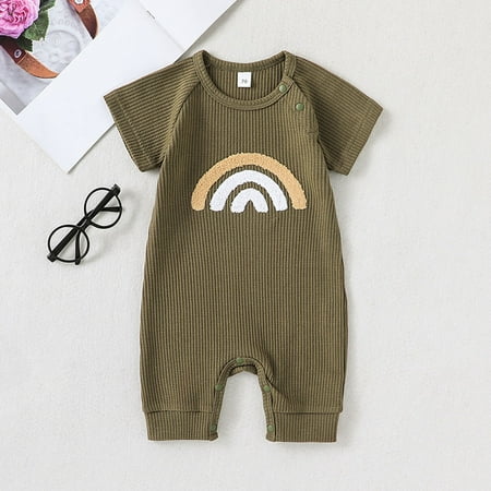 

dmqupv Toddler Summer Clothes Infant Toddler Boys Girls Short Sleeve Romper Rainbow Prints Ribbed Summer Bodysuits Ruffle Green 0-3 Months