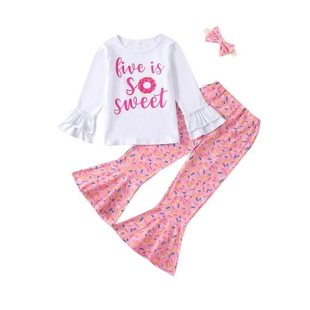 

Sunisery 3Pcs Kids Girls Birthday Clothes Outfits Flare Long Sleeve Letter Donut Printed Tops + Elastic Pants + Headband White Pink 4.5-5 Years