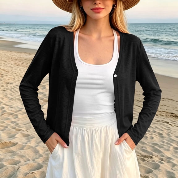 Long Sleeve Round Neck Button Front Cardigan Coat Top Solid Color Soft Knit Lightweight for Women Daily Home Work