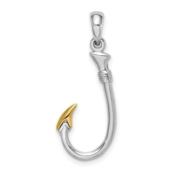 Finest Gold 14K Sterling Silver TWo-Tone Polished 3D Fish Hook with Accent Pendant
