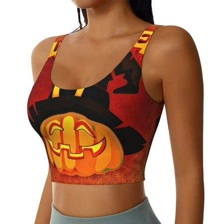 Lukts Halloween Pumpkin Print Womens Workout Tank Tops U Back Workout Fitness Top with Built in Shelf Yoga Bra Medium