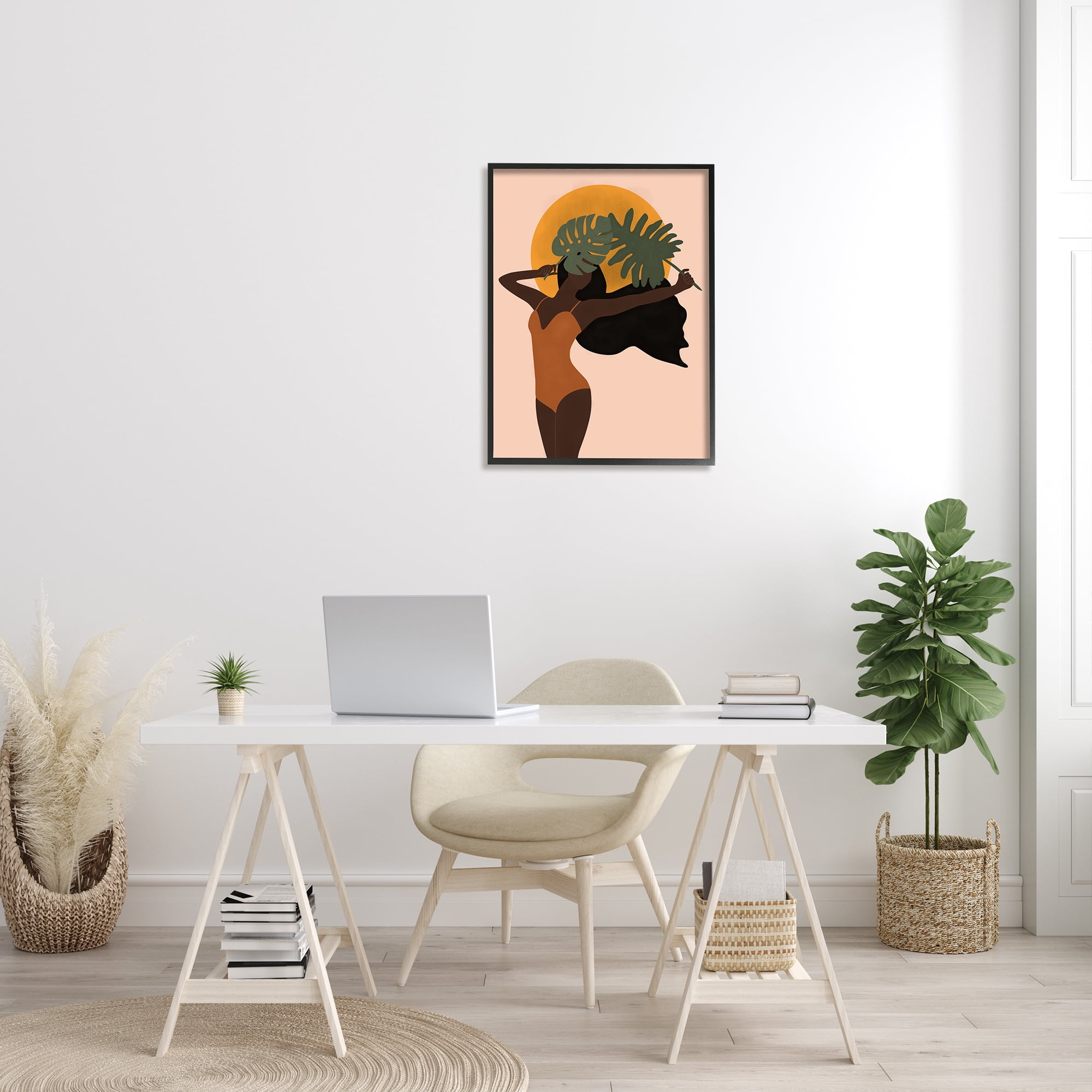 Stupell Industries Female Holding Tropical Monstera Leaf under Sun Graphic Art Black Framed Art Print Wall Art, 24x30, by JJ Design House LLC