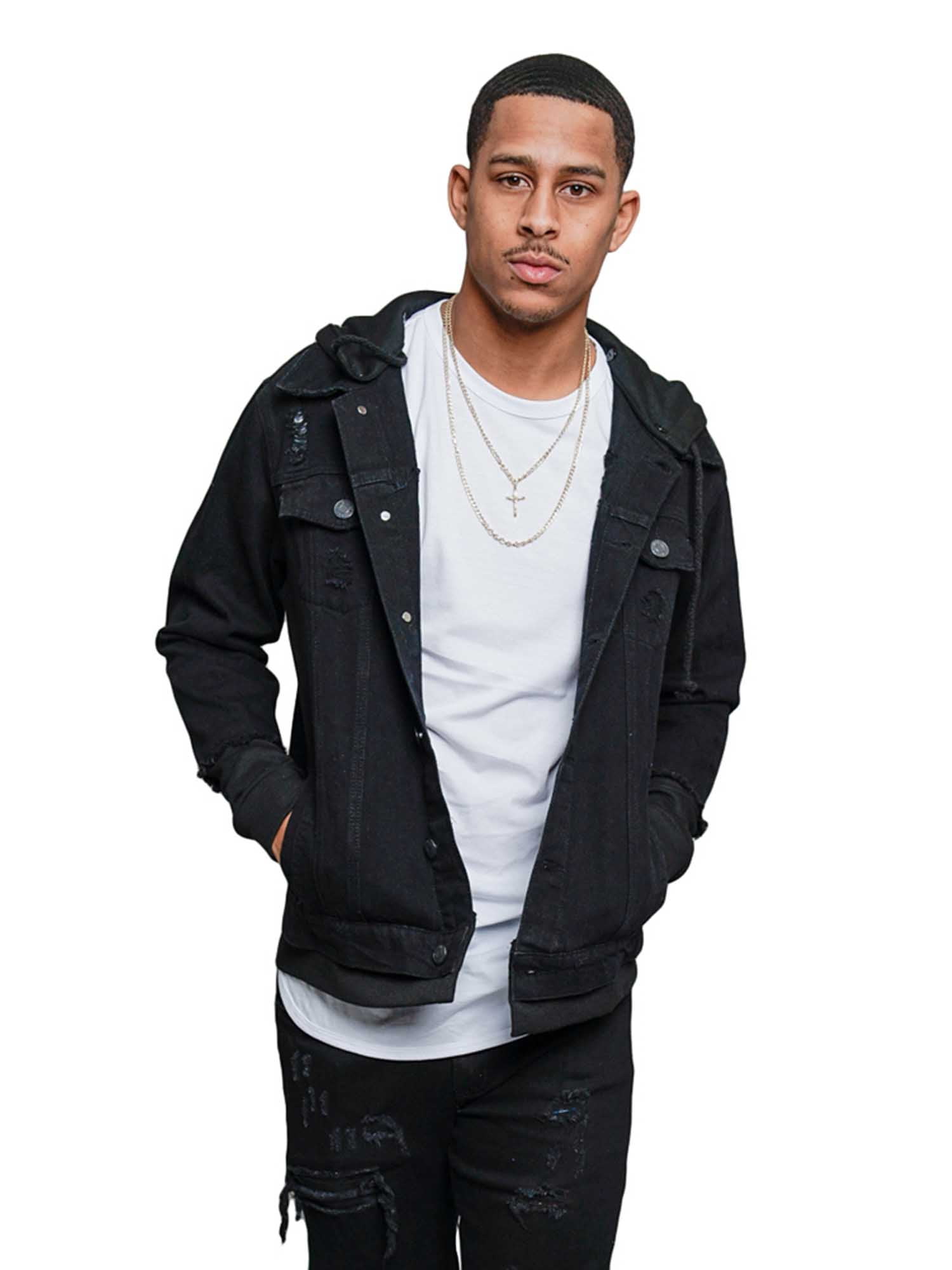 Victorious Men's Hoodie Layered Ripped Denim Jacket with Removable Hood  DK140 - Black - Small