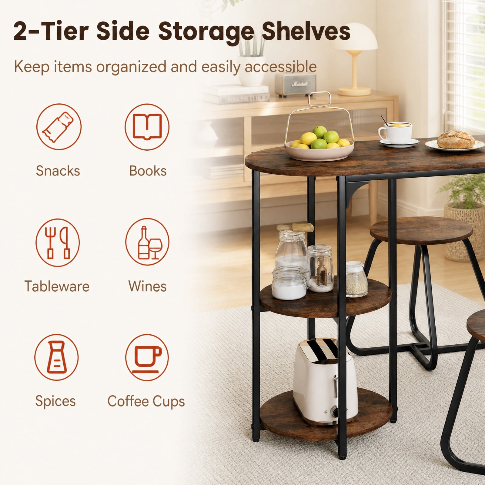 Furnibear 3 Piece Industrial Dining Table Set for Small Space with 2 Stools and Side Shelves for Kitchen and Apartment, Rustic Brown