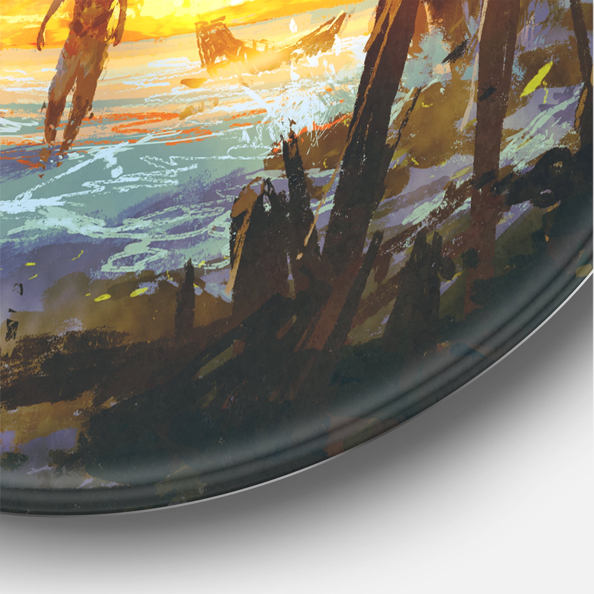 Designart 'The Sea Cave At Sunset With The Man Walking In' Nautical & Coastal Circle Metal Wall Art 36x36 - Disc of 36