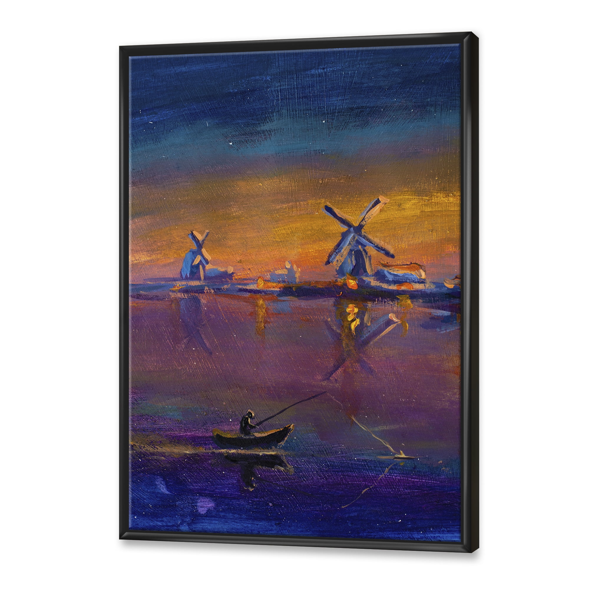 Designart 'Evening Fishing Near The Traditional Windmill' Nautical & Coastal Framed Canvas Wall Art Print