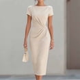 thumbnail image 4 of ClodeEU Women's Boat Neck Short Sleeve Side Ruched Waist Midi Bodycon Pencil Dress,Elegant Office Wedding Guest Sheath Dress Beige,Women's Plus L, 4 of 7